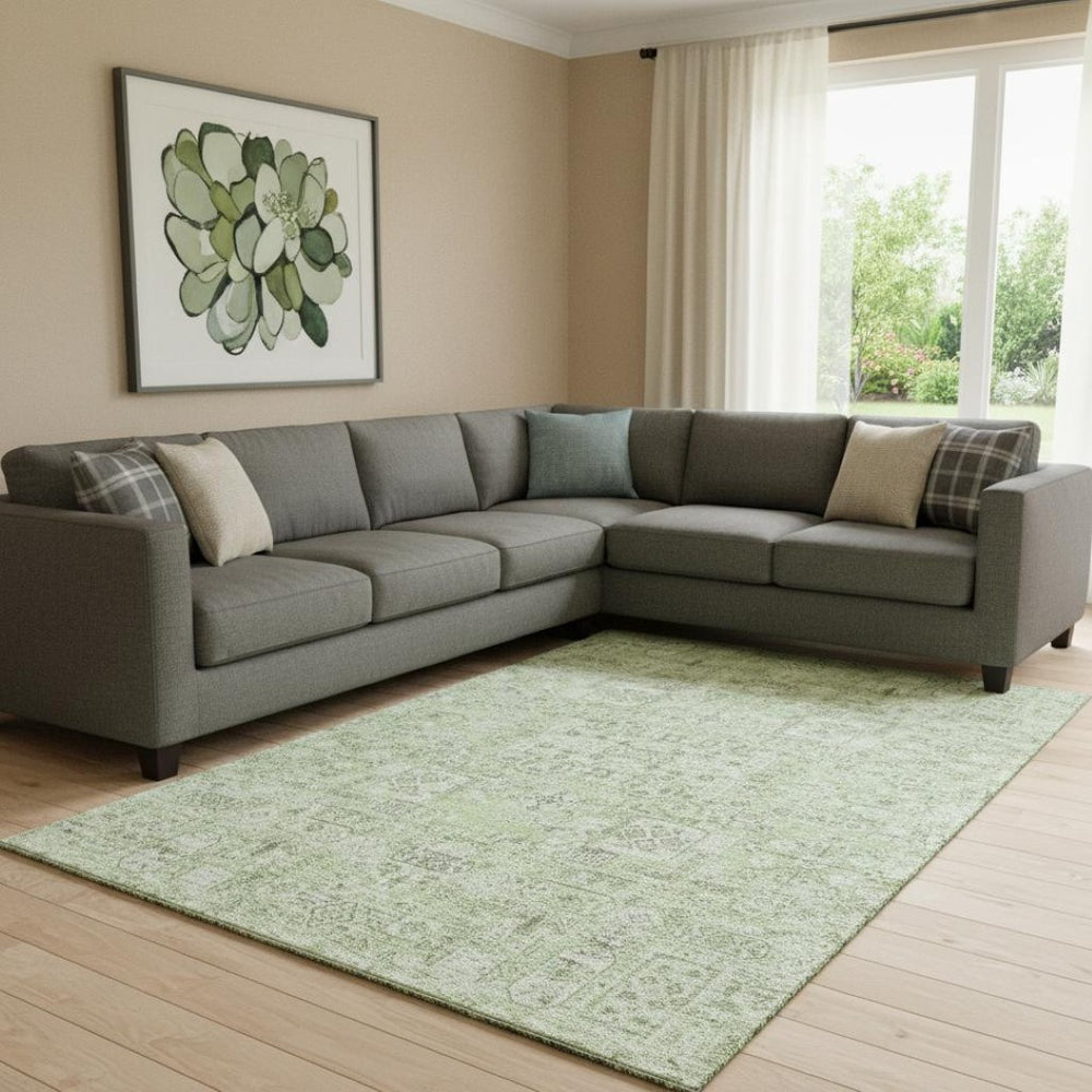 HomeRoots 8' X 10' Elegant Green and Ivory Floral Washable Area Rug with UV Protection for High-Traffic Spaces 651176