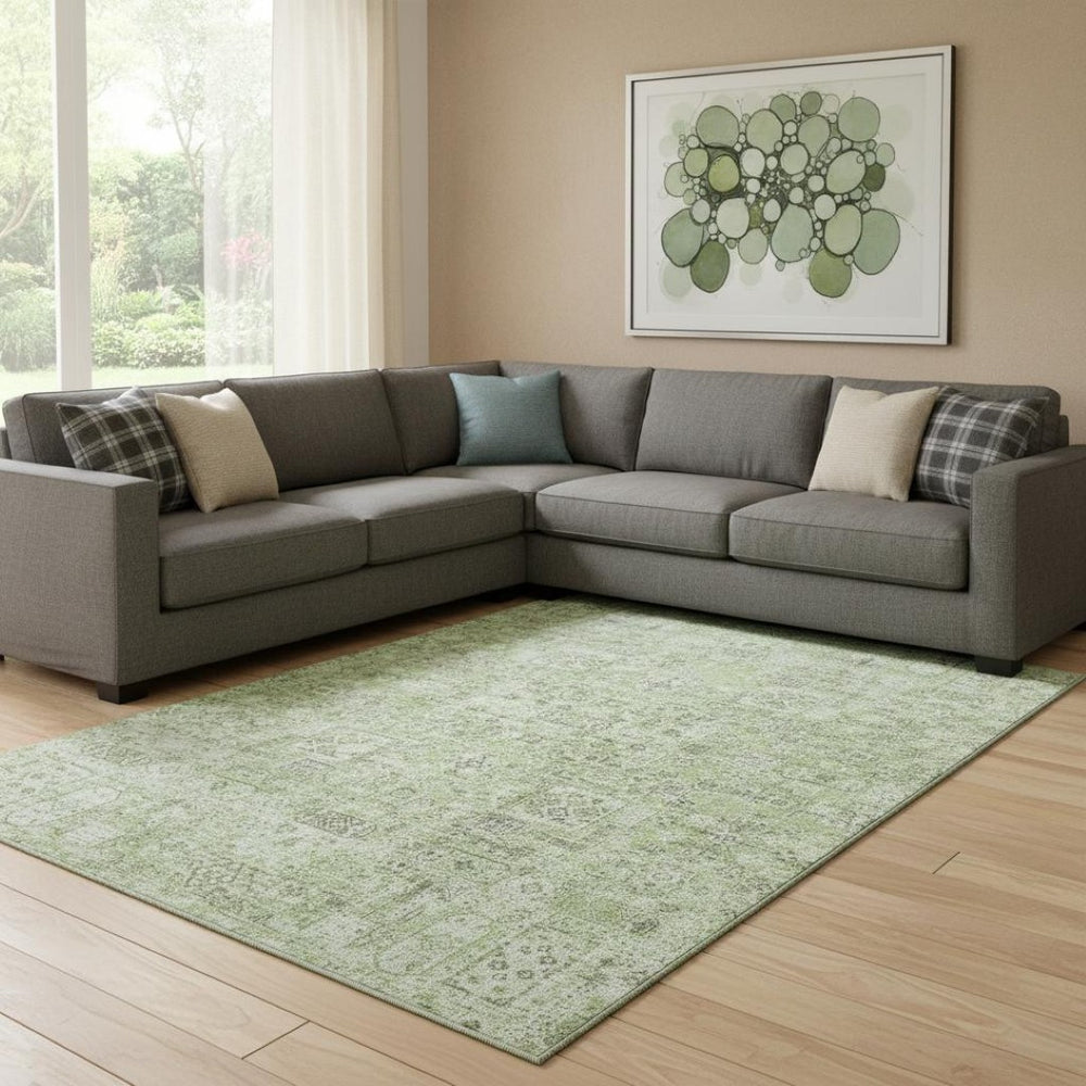 HomeRoots 9' X 12' Green and Ivory Floral Area Rug - Washable, UV-Protected, Durable, Perfect for Any Space! 651177