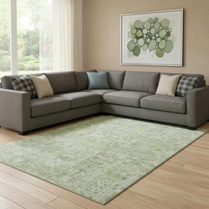 HomeRoots 9' X 12' Green and Ivory Floral Area Rug - Washable, UV-Protected, Durable, Perfect for Any Space! 651177