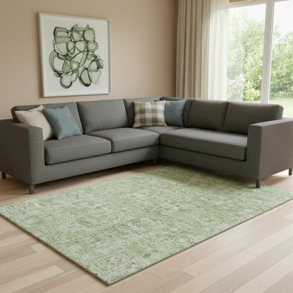 HomeRoots 10' X 14' Green And Ivory Floral Area Rug - Washable, UV Protected, Durable for High-Traffic Spaces 651178