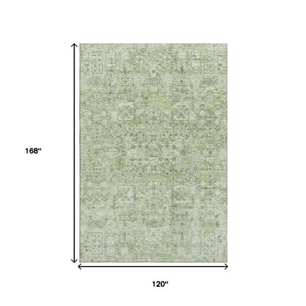 HomeRoots 10' X 14' Green And Ivory Floral Area Rug - Washable, UV Protected, Durable for High-Traffic Spaces 651178