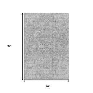 HomeRoots 5' X 8' Gray and Silver Floral Area Rug - Stylish, Washable, UV-Resistant for High-Traffic Areas 651180