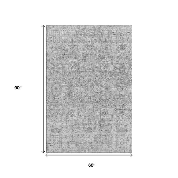 HomeRoots 5' X 8' Gray and Silver Floral Area Rug - Stylish, Washable, UV-Resistant for High-Traffic Areas 651180