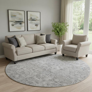 HomeRoots 8' Gray and Silver Floral Washable Round Rug - Durable, UV-Protected, Perfect for Family Homes! 651181