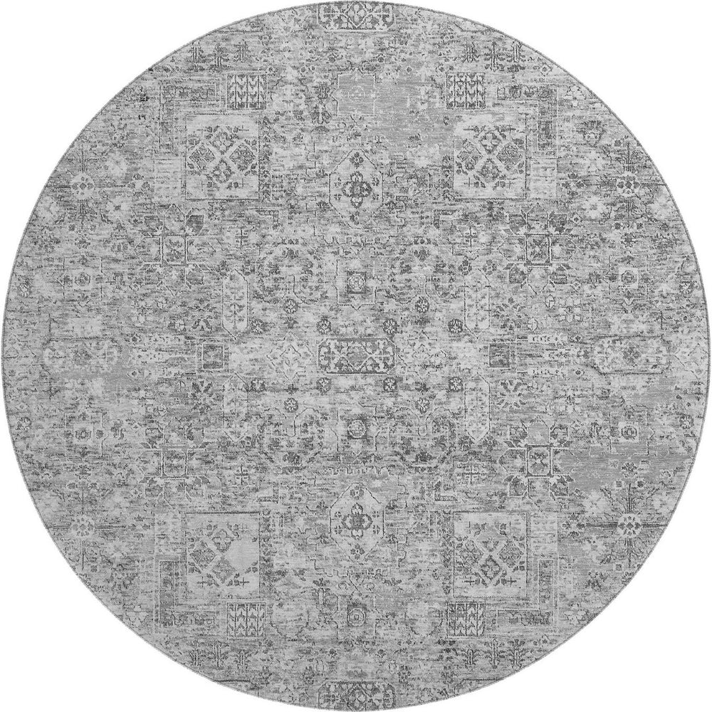 HomeRoots 8' Gray and Silver Floral Washable Round Rug - Durable, UV-Protected, Perfect for Family Homes! 651181