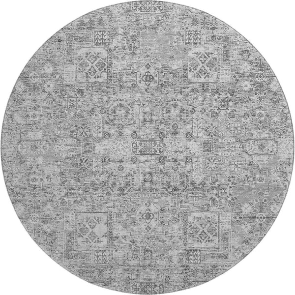 HomeRoots 8' Gray and Silver Floral Washable Round Rug - Durable, UV-Protected, Perfect for Family Homes! 651181