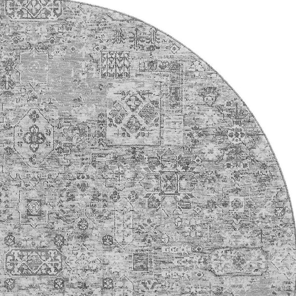 HomeRoots 8' Gray and Silver Floral Washable Round Rug - Durable, UV-Protected, Perfect for Family Homes! 651181