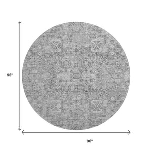HomeRoots 8' Gray and Silver Floral Washable Round Rug - Durable, UV-Protected, Perfect for Family Homes! 651181