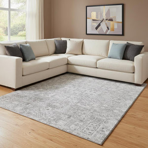 HomeRoots 9' X 12' Gray Floral Area Rug - Stylish, Washable, UV-Protected Design for Homes with Kids & Pets 651183