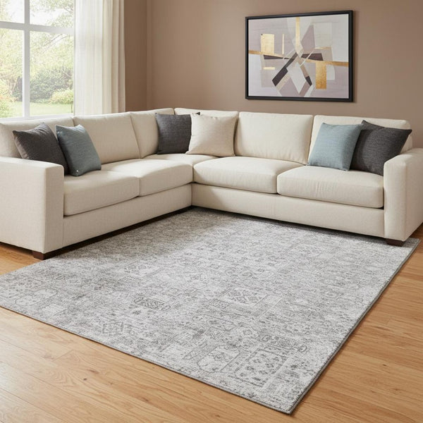 HomeRoots 9' X 12' Gray Floral Area Rug - Stylish, Washable, UV-Protected Design for Homes with Kids & Pets 651183