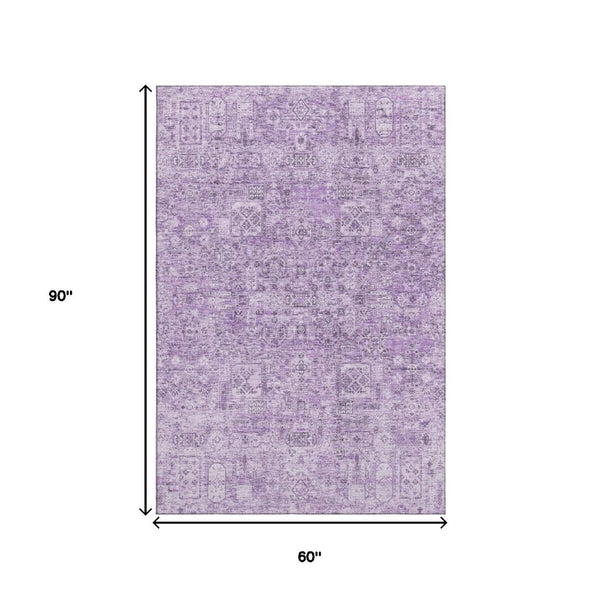 HomeRoots 5' X 8' Lilac & Ivory Floral Washable Area Rug – Durable, Stain-Resistant, UV Protected for Homes 651186