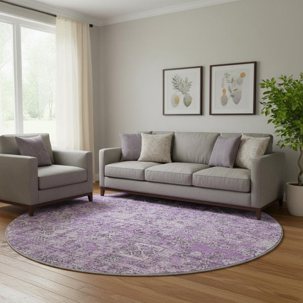 HomeRoots 8' Lilac and Ivory Floral Washable Round Rug - UV Protected, Stain Resistant, Perfect for Homes! 651187
