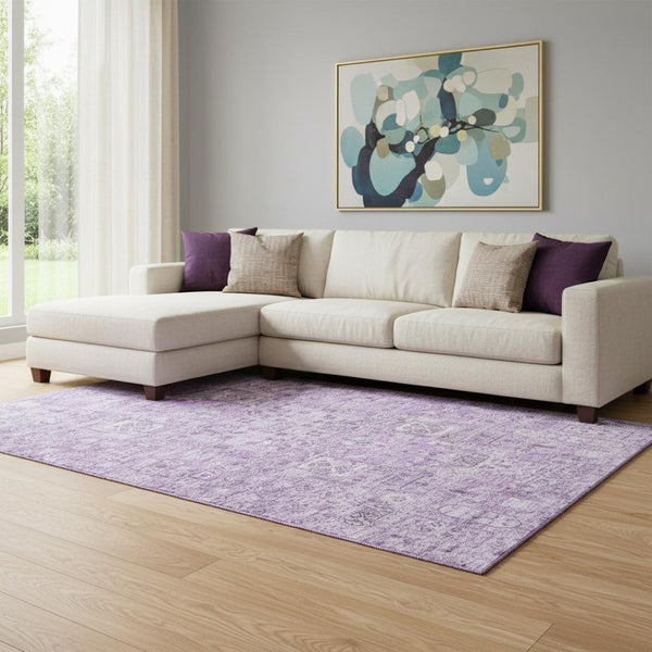 HomeRoots 9' X 12' Lilac Floral Area Rug - Washable, UV-Protected, Stain-Resistant for High-Traffic Homes! 651189