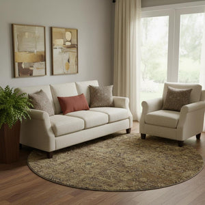 HomeRoots 8' Coffee and Charcoal Floral Round Rug – Washable, UV-Protected, Durable, Stain-Resistant Design 651193
