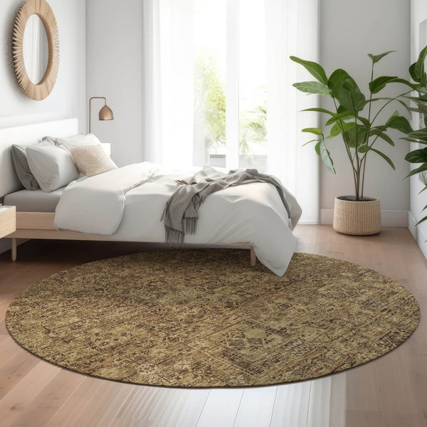 HomeRoots 8' Coffee and Charcoal Floral Round Rug – Washable, UV-Protected, Durable, Stain-Resistant Design 651193