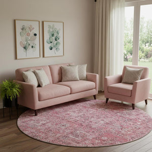 HomeRoots 8' Pink And Ivory Floral Round Rug - Washable, UV-Protected, Stain-Resistant, Ideal for Kids & Pets 651199
