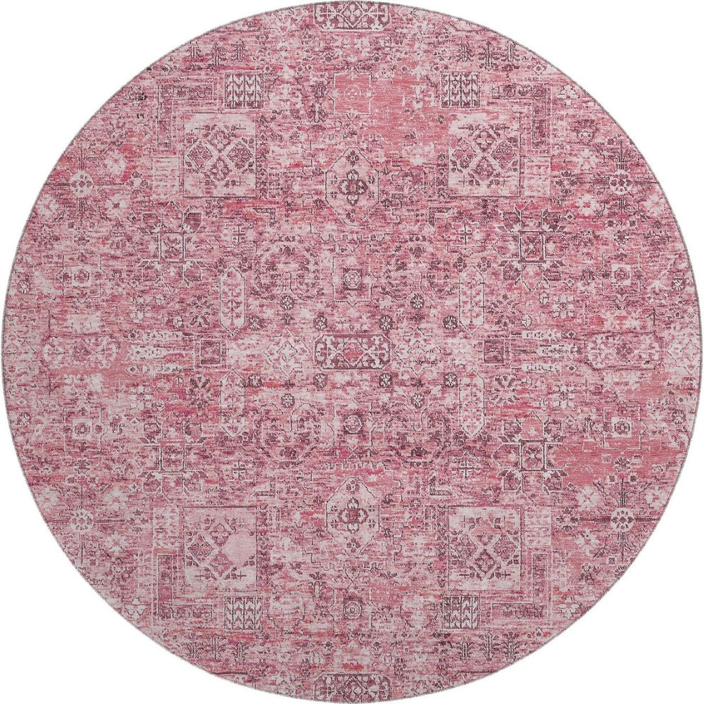 HomeRoots 8' Pink And Ivory Floral Round Rug - Washable, UV-Protected, Stain-Resistant, Ideal for Kids & Pets 651199