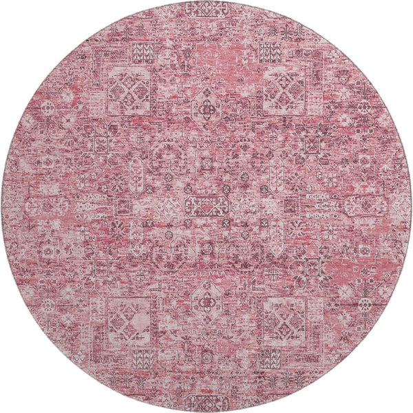 HomeRoots 8' Pink And Ivory Floral Round Rug - Washable, UV-Protected, Stain-Resistant, Ideal for Kids & Pets 651199