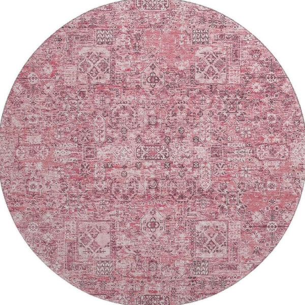 HomeRoots 8' Pink And Ivory Floral Round Rug - Washable, UV-Protected, Stain-Resistant, Ideal for Kids & Pets 651199
