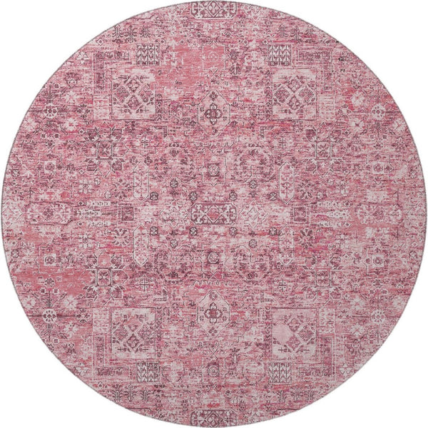 HomeRoots 8' Pink And Ivory Floral Round Rug - Washable, UV-Protected, Stain-Resistant, Ideal for Kids & Pets 651199