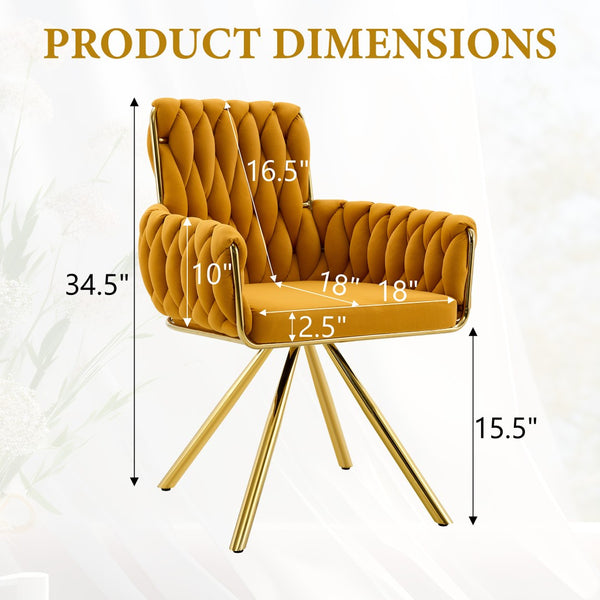 English Elm Set of 2 Velvet Upholstered Dining Chairs Braided Rope Back Glam Metal Legs Gold,Yellow W3875P383935