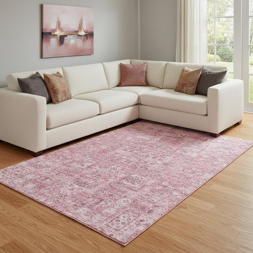 HomeRoots 8' X 10' Pink Floral Area Rug - Washable, UV Protected, Stain Resistant for Living Rooms & Nurseries 651200