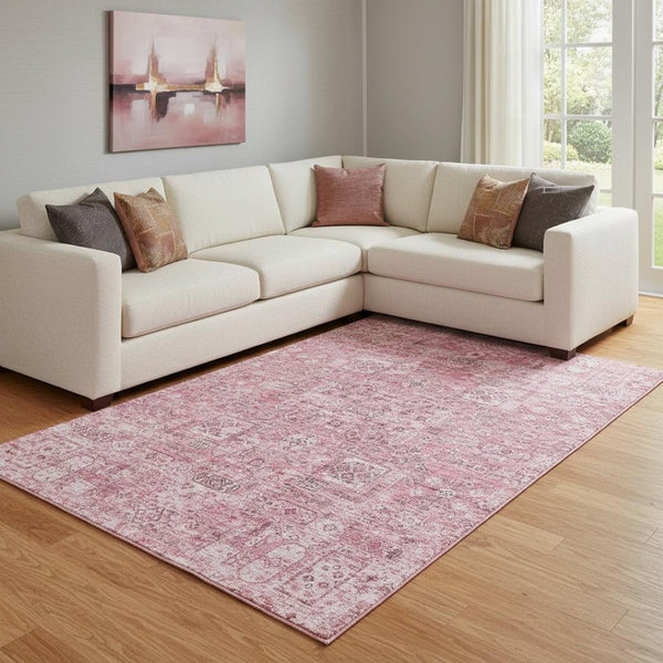 HomeRoots 8' X 10' Pink Floral Area Rug - Washable, UV Protected, Stain Resistant for Living Rooms & Nurseries 651200