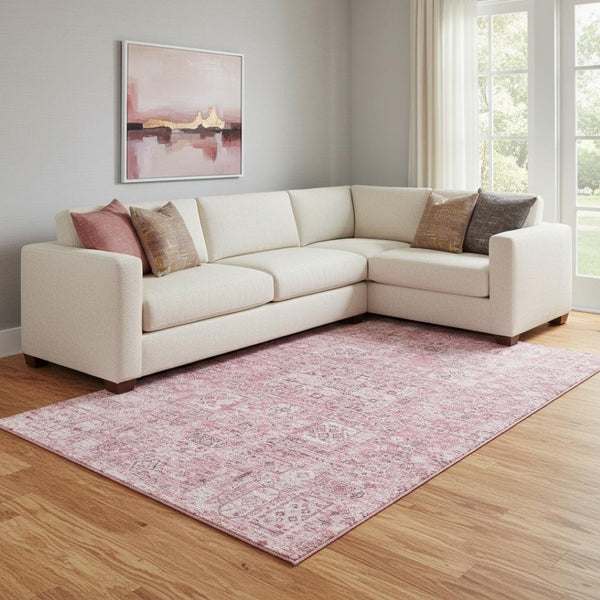 HomeRoots 9' X 12' Elegant Pink and Ivory Floral Washable Area Rug with UV Protection for Family Spaces 651201