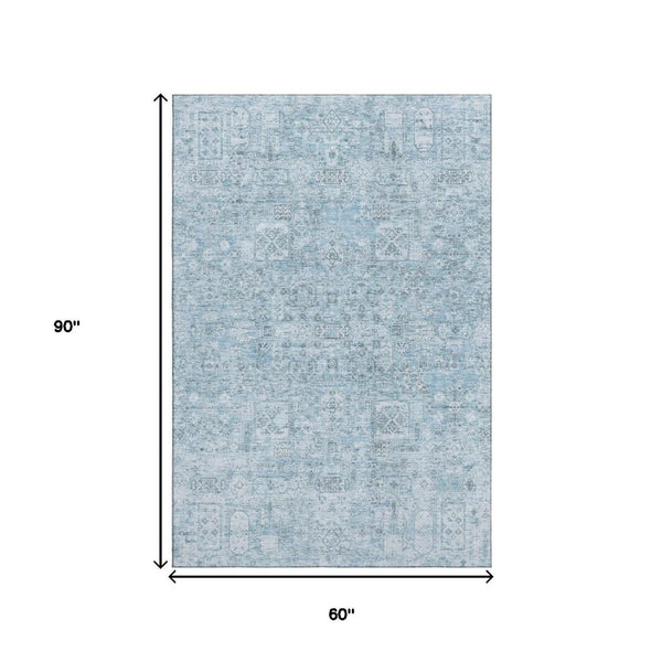 HomeRoots 5' X 8' Sky Blue Floral Area Rug - Washable, UV Protected, Stain-Resistant for Family-Friendly Spaces 651204