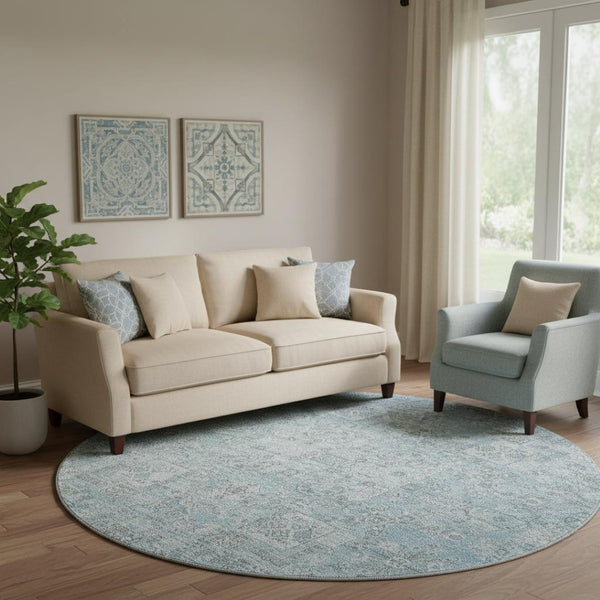 HomeRoots 8' Sky Blue & Ivory Floral Round Rug - Durable, Stain-Resistant with UV Protection for All Spaces 651205