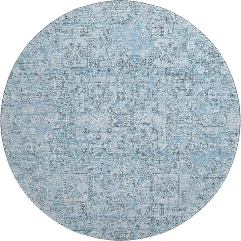 HomeRoots 8' Sky Blue & Ivory Floral Round Rug - Durable, Stain-Resistant with UV Protection for All Spaces 651205