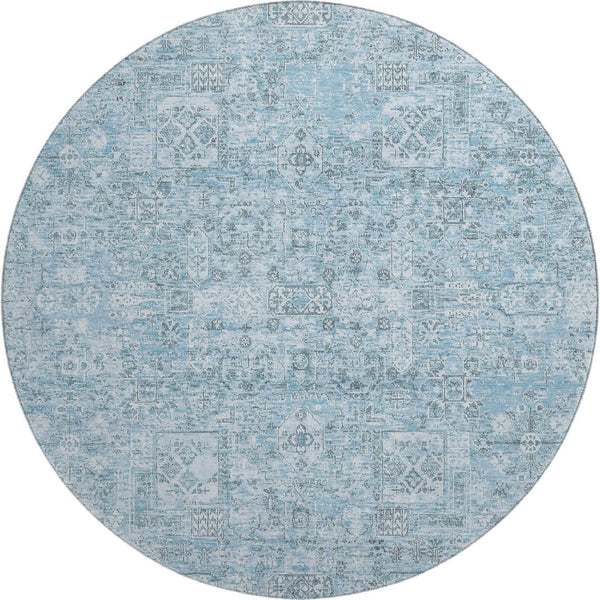 HomeRoots 8' Sky Blue & Ivory Floral Round Rug - Durable, Stain-Resistant with UV Protection for All Spaces 651205