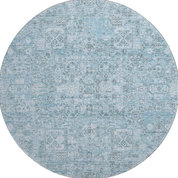 HomeRoots 8' Sky Blue & Ivory Floral Round Rug - Durable, Stain-Resistant with UV Protection for All Spaces 651205