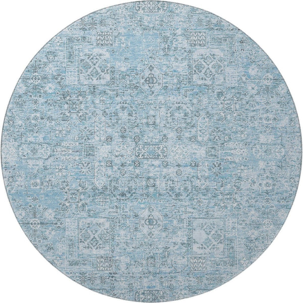 HomeRoots 8' Sky Blue & Ivory Floral Round Rug - Durable, Stain-Resistant with UV Protection for All Spaces 651205