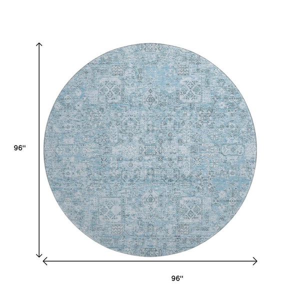 HomeRoots 8' Sky Blue & Ivory Floral Round Rug - Durable, Stain-Resistant with UV Protection for All Spaces 651205