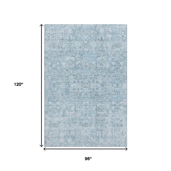 HomeRoots 8' X 10' Sky Blue Floral Area Rug - Washable, UV Protected, Stain Resistant for Modern Homes 651206
