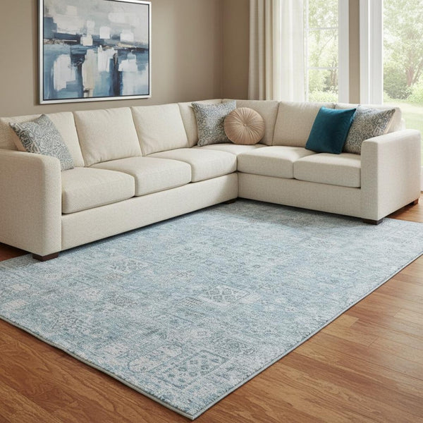 HomeRoots 8' X 10' Sky Blue Floral Area Rug - Washable, UV Protected, Stain Resistant for Modern Homes 651206