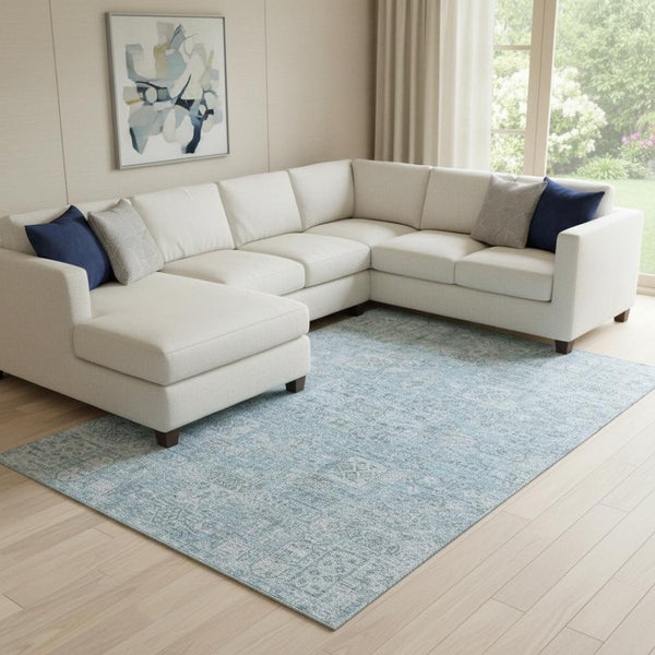 HomeRoots 9' Sky Blue Floral Area Rug - Elegant Washable Design with UV Protection & Stain Resistance for Homes 651207