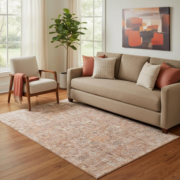 HomeRoots 5' Salmon Gray & Ivory Floral Area Rug - Washable, UV Protected, Stain Resistant & Non-Slip Design 651210