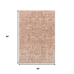 HomeRoots 5' Salmon Gray & Ivory Floral Area Rug - Washable, UV Protected, Stain Resistant & Non-Slip Design 651210