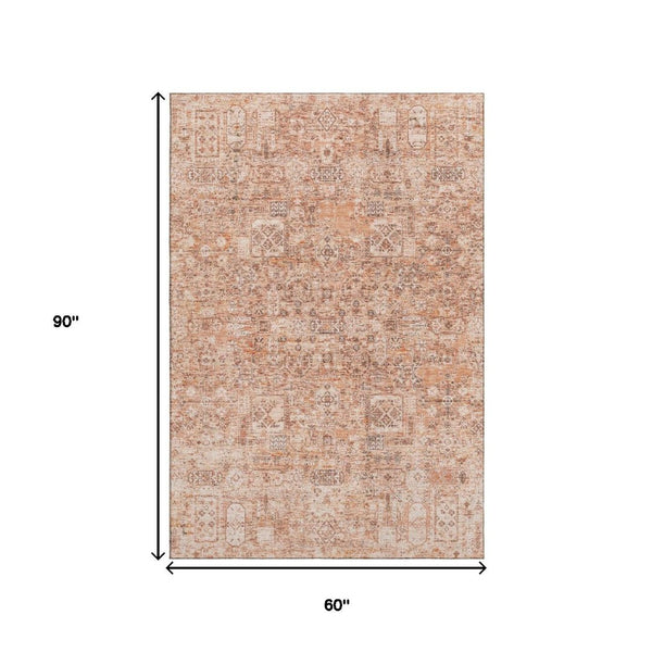 HomeRoots 5' Salmon Gray & Ivory Floral Area Rug - Washable, UV Protected, Stain Resistant & Non-Slip Design 651210