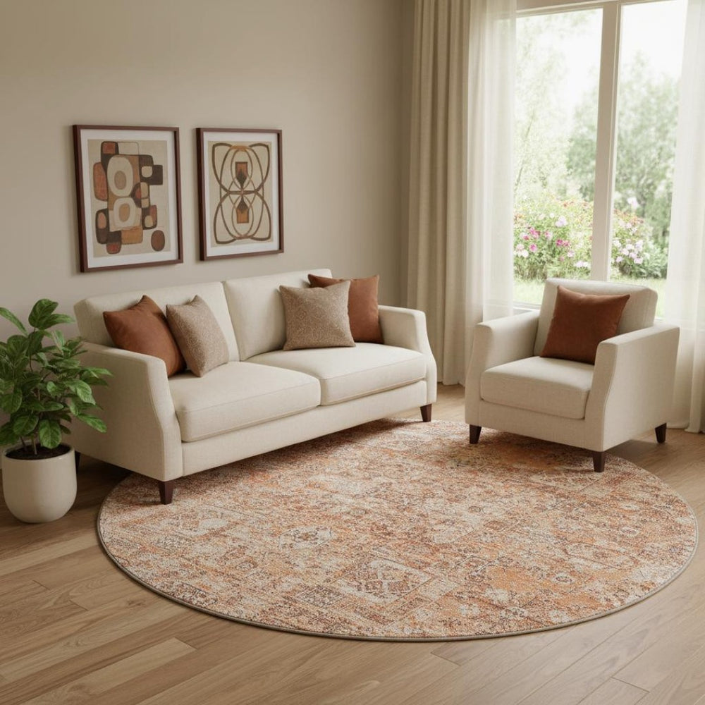 HomeRoots 8' Salmon Gray and Ivory Floral Washable Round Rug - Durable, Stain-Resistant with UV Protection! 651211