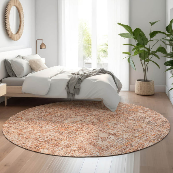 HomeRoots 8' Salmon Gray and Ivory Floral Washable Round Rug - Durable, Stain-Resistant with UV Protection! 651211