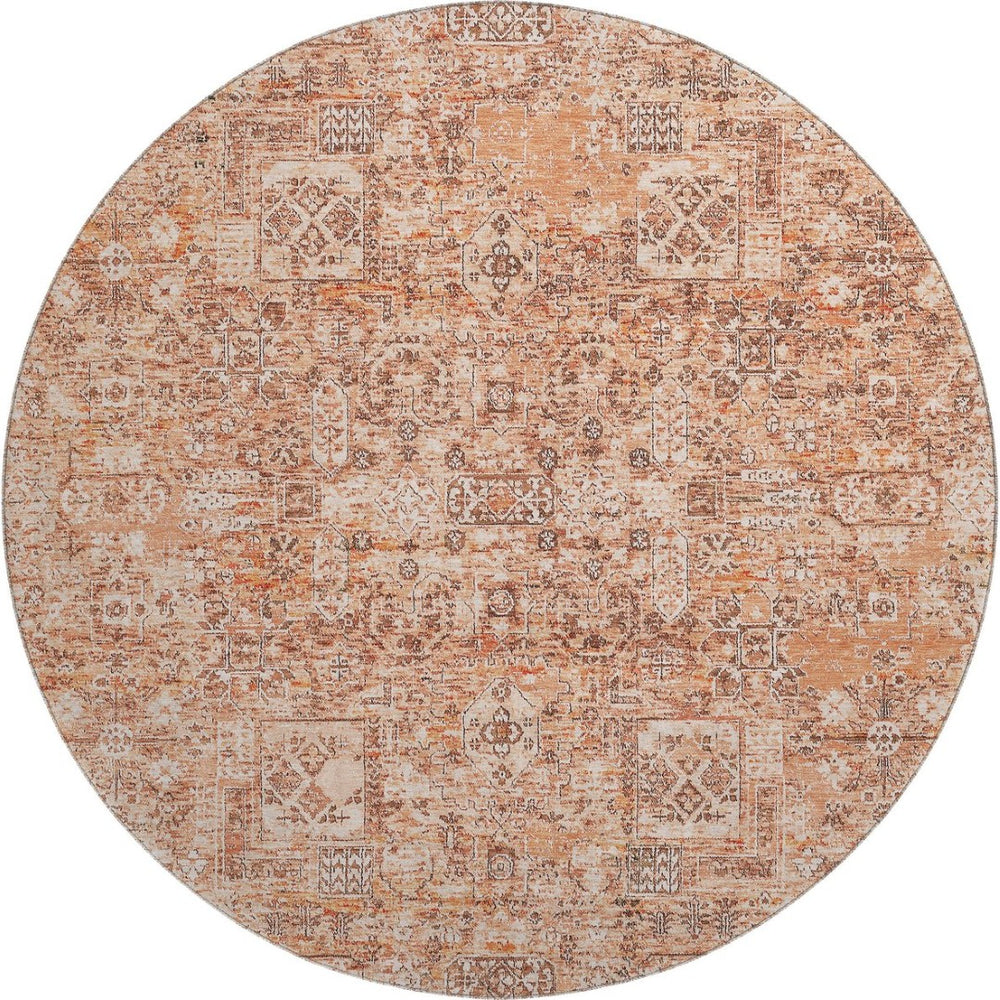 HomeRoots 8' Salmon Gray and Ivory Floral Washable Round Rug - Durable, Stain-Resistant with UV Protection! 651211