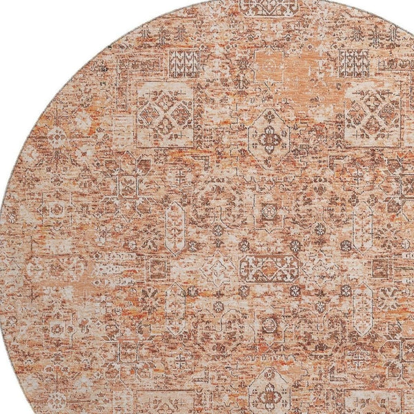 HomeRoots 8' Salmon Gray and Ivory Floral Washable Round Rug - Durable, Stain-Resistant with UV Protection! 651211