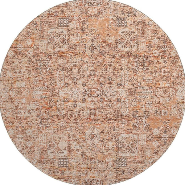 HomeRoots 8' Salmon Gray and Ivory Floral Washable Round Rug - Durable, Stain-Resistant with UV Protection! 651211