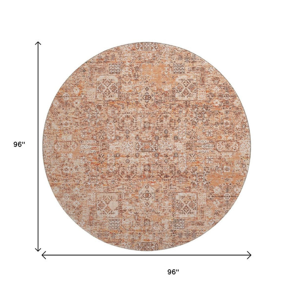 HomeRoots 8' Salmon Gray and Ivory Floral Washable Round Rug - Durable, Stain-Resistant with UV Protection! 651211