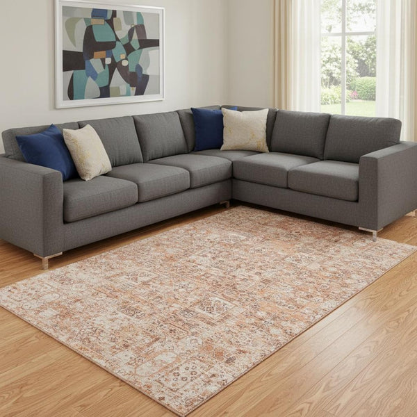 HomeRoots 8' X 10' Elegant Salmon Gray & Ivory Floral Washable Area Rug with UV Protection for High Traffic Areas 651212