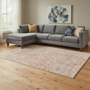 HomeRoots 9' x 12' Salmon Gray Ivory Floral Area Rug - Stain Resistant, UV Protected, Durable & Easy Care 651213