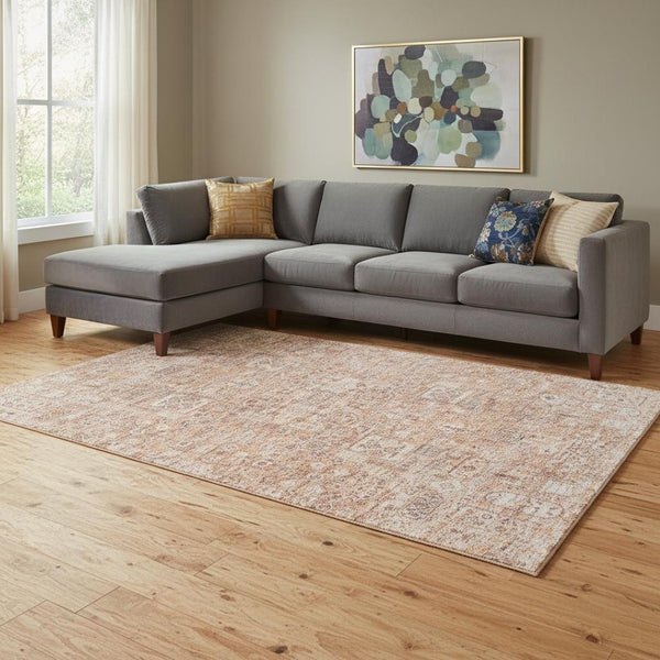 HomeRoots 9' x 12' Salmon Gray Ivory Floral Area Rug - Stain Resistant, UV Protected, Durable & Easy Care 651213